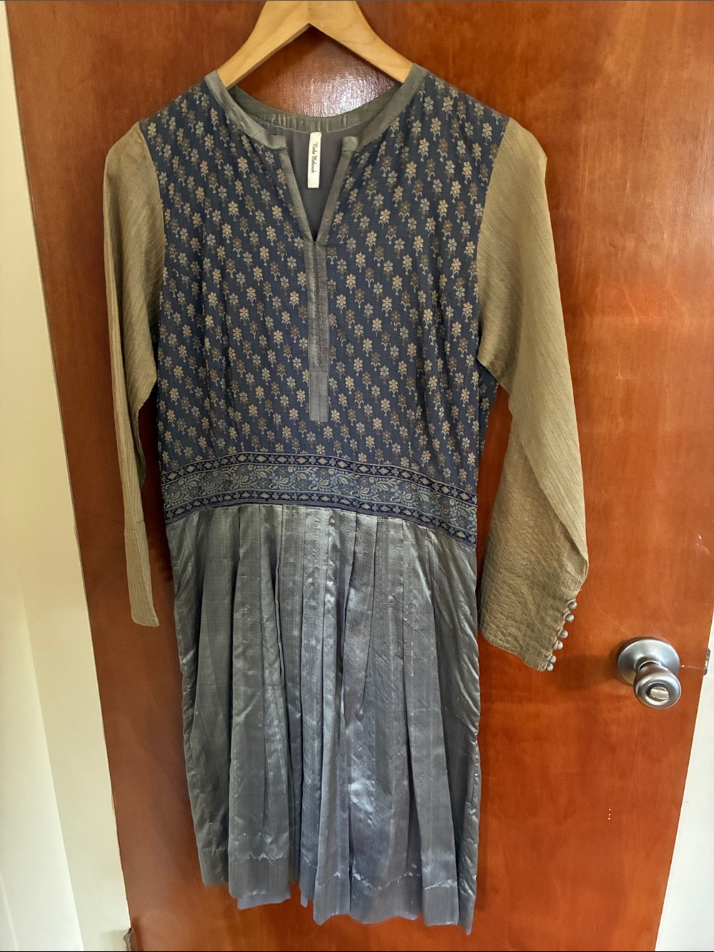 One of a kind Slate, Toupe and Periwinkle Silk Brocade Formal Dress